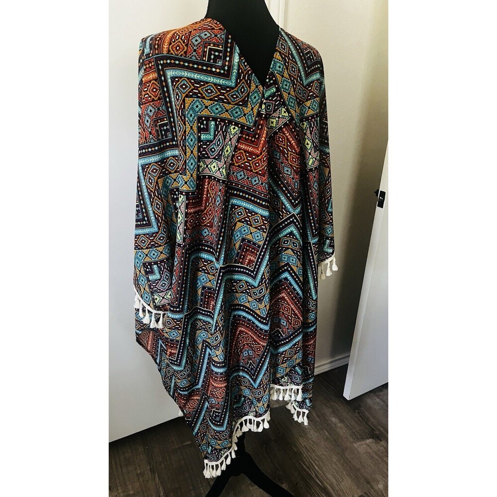 Orange Creek Tasseled Fringed Trim‎ Open Front Flowy Kimono Multicolor Large - Picture 4 of 7